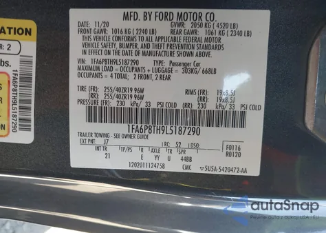 2020 Ford Mustang Ecoboost Fastback z USA, uszkodzony, nr VIN 1FA6P8TH9L5187290